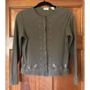 Crossroads Womens‎ Petite M Brown Cotton Embroidered Cardigan Cottagecore Fall